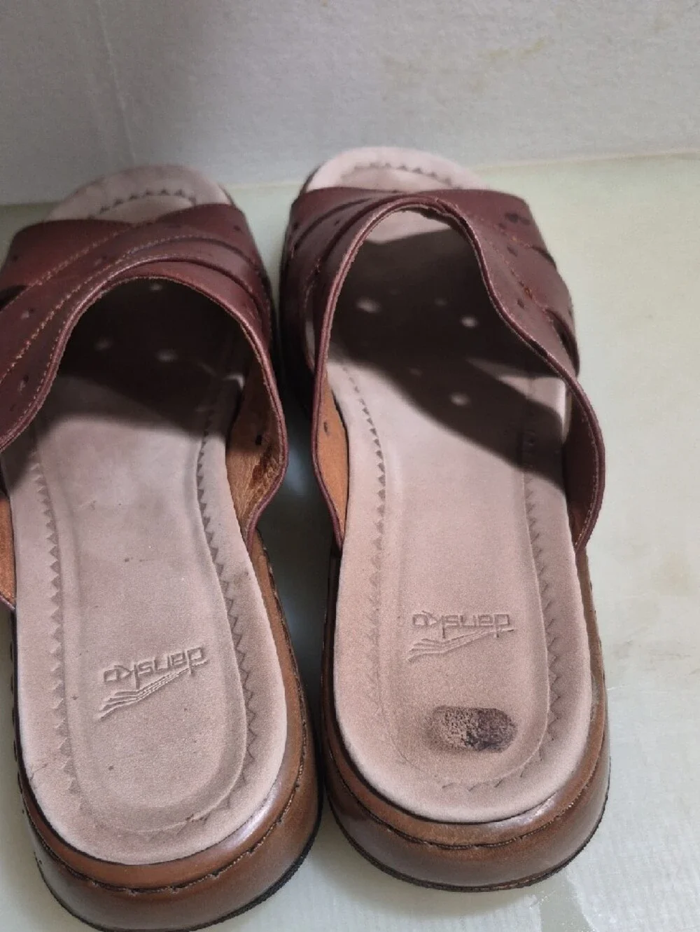 Dansko Brown Leather Cross-Strap Slide Sandals